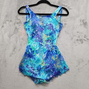 Vintage 80s Longitude Swimsuit Womens 8T Blue Green Purple One-Piece Skirted